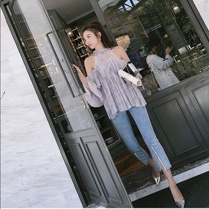Chiffon off the shoulder top, feminine, beach vaca